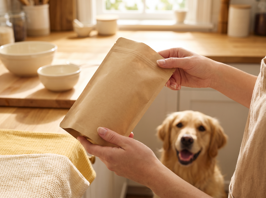Hands holding a plain dog-treat pouch with a happy golden retriever in a bright kitchen