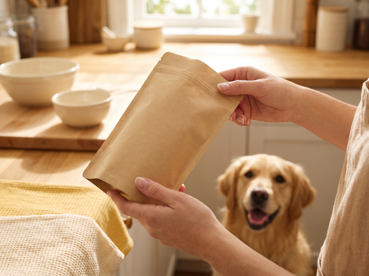Hands holding a plain dog-treat pouch with a happy golden retriever in a bright kitchen